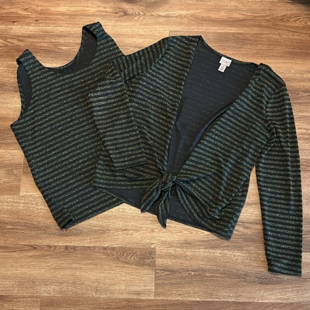 Chico’s Easywear 2 Piece Sleeveless + Tie Top Shell Black Gold Stripes Sparkle